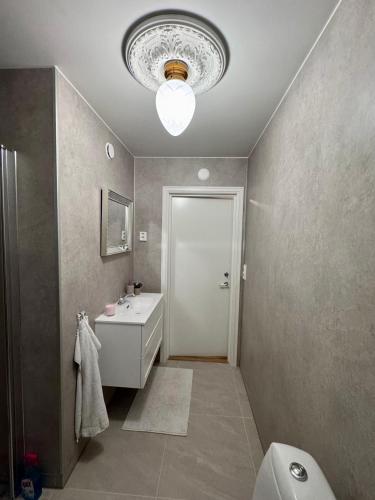 a bathroom with a sink and a toilet and a light at Rampestreken Glamping in Åndalsnes