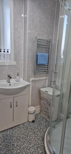 a bathroom with a shower and a sink and a toilet at Flat 21 - 1st floor - Westview Terrace, Stornoway in Stornoway