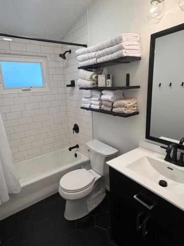 a bathroom with a white toilet and a sink at Manville Heights Modern in Iowa City
