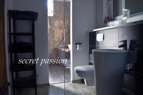 a bathroom with a toilet and a glass shower door at Romantisches SM Apartment Secret Passion in Fehmarn