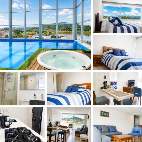 a collage of photos of a hotel room with a swimming pool at APARTAMENTO FAMILIAR EN PAIPA RÚSTlCO 70-9 in Paipa