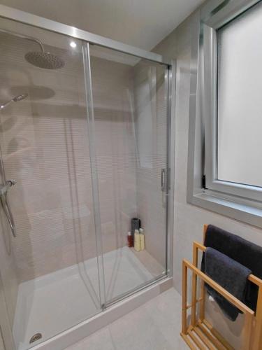 a shower with a glass door in a bathroom at Brisas de Malpica in Malpica