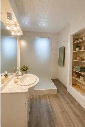 a white bathroom with a sink and a shower at Maison de vacances in Capdenac-Gare