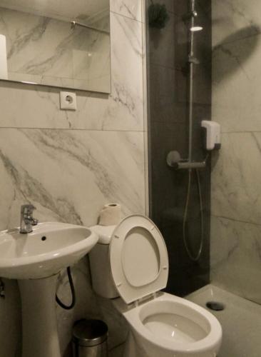 a bathroom with a toilet and a sink and a shower at Residencial Moderna in Figueira da Foz