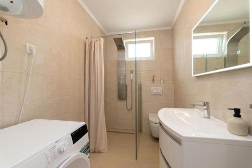 a bathroom with a toilet and a sink and a shower at Villa Zrilic with Private Pool in Benkovac