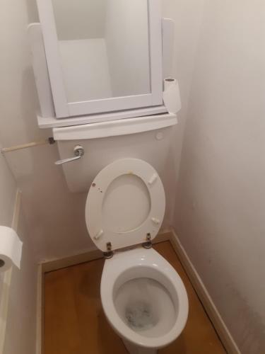 a white toilet in a bathroom with a toilet paper dispenser at Vincente's in Chatham