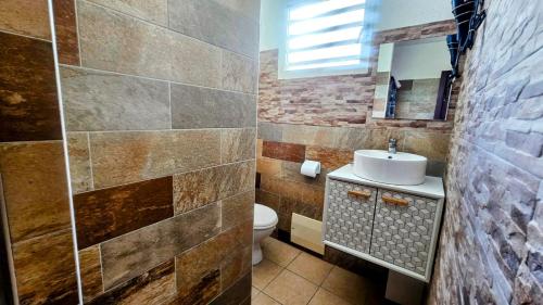 a bathroom with a sink and a toilet and a mirror at Les 2 Cocotiers - Maison d'hôtes d'Eugénie in Sainte-Luce