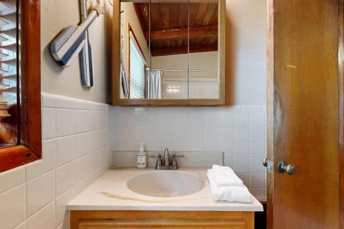 a bathroom with a sink and a mirror at Classic Lakefront Cottage with Private Dock, Lovely Lake View, Backyard & WiFi in Kingsland