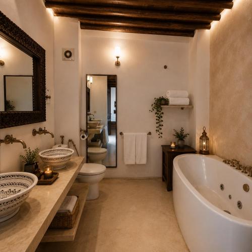 a bathroom with a tub and two sinks and a toilet at Riad El Maâti in Rabat