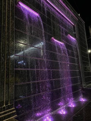 a building with purple lights on the side of it at Ameli Plaza Hotel Tashkent in Yakkasaray