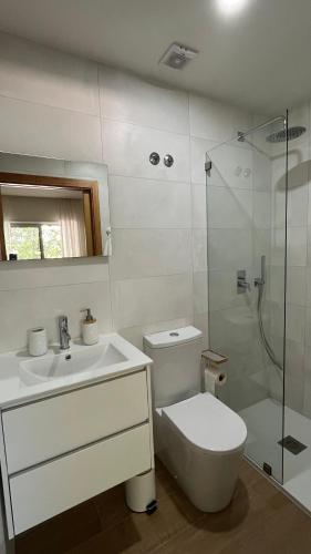 a bathroom with a toilet and a sink and a shower at Refúgio do Tâmega in Penafiel
