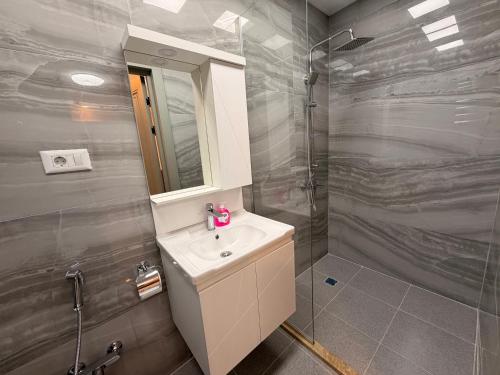 a bathroom with a sink and a shower at Bea Paradise 113 in Baku