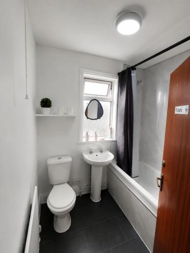 a white bathroom with a toilet and a sink at Lindi Property Cosy Double Room in Wyken