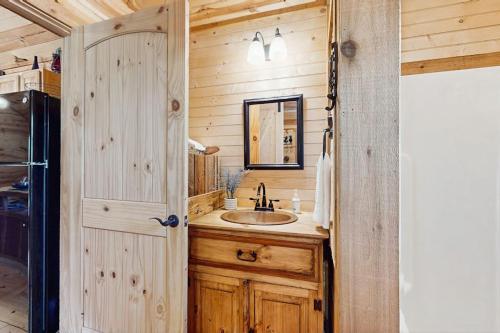 a bathroom with a sink and a refrigerator at Dog-Friendly Gem on 11 Acres with Valley Views, Deck, Gas Grill, Fireplace in Fredericksburg
