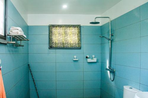 a blue bathroom with a shower and a window at Villa Mélaure in Abomey-Calavi
