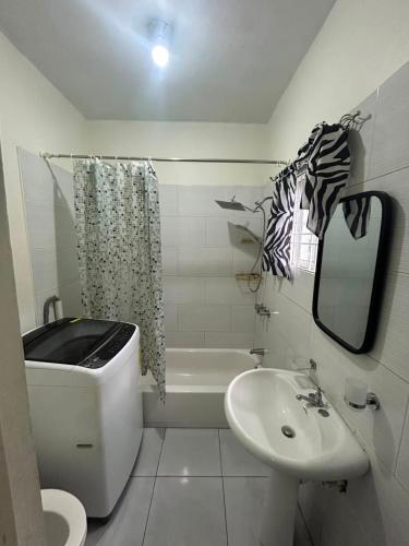 a bathroom with a sink and a toilet and a bath tub at Ricardo's Rest Spot in Curatoe Hill
