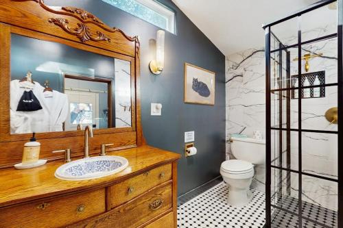 a bathroom with a sink and a toilet and a mirror at Blue Haus with Hot Tub, Shuffleboard, EV Charger - Walk to Town & Wineries in Johnson City