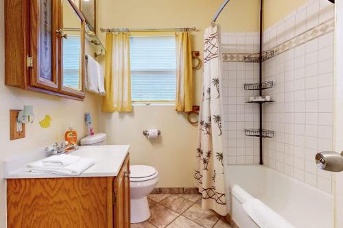 a bathroom with a sink and a toilet and a shower at Cozy Dog-Friendly House Near Water with Enclosed Yard, Grill, & Equipped Kitchen in Burnet