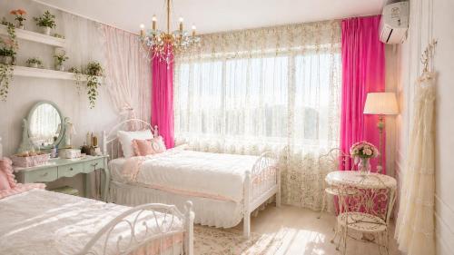 a bedroom with two beds and a window with pink curtains at 핑크하우스옥상바베큐파티 in Daejeon