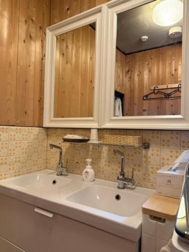 a bathroom with a sink and a mirror at 民泊利休 in Sakai