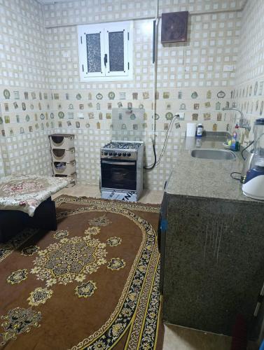 a small kitchen with a stove and a sink at Holiday apartment in ‘Izbat al Waqf