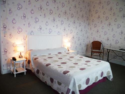 um quarto com uma cama e duas mesas e dois candeeiros em Hôtel La Résidence em Villeneuve-sur-Lot