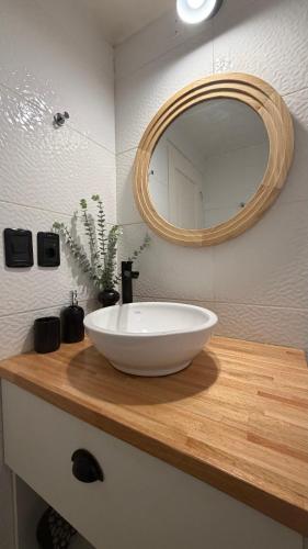 a bathroom with a white sink and a mirror at Puerta Azul in Punta del Este