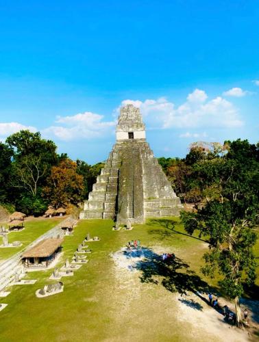 an aerial view of the mayan pyramid at Maple Guest House in Flores