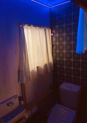 a bathroom with a white shower curtain and a toilet at Mitte Lodge 健やかな大人達の田舎ホームステイ1日1組限定で駅送迎と3食家庭料理体験付き in Atami