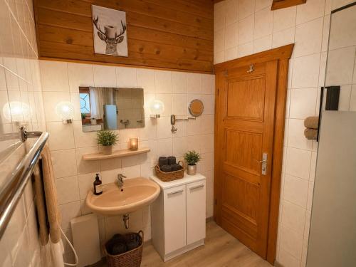 a bathroom with a sink and a wooden door at Ferienwohnungen Forellengrund Schierke in Schierke