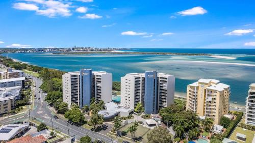 an aerial view of a city with a beach and buildings at Gemini Resort 55 Stunning Ocean Views in Golden Beach