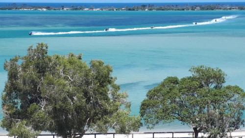 a view of a beach with trees and the ocean at The Moorings Unit 508 in Golden Beach