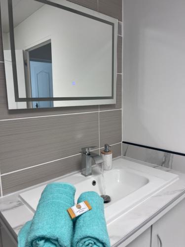 a bathroom with a sink and a mirror and towels at Résidence Atoumo in Rivière-Pilote