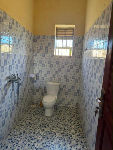 a bathroom with a toilet and blue and white tiles at Binga villa in Kisoro