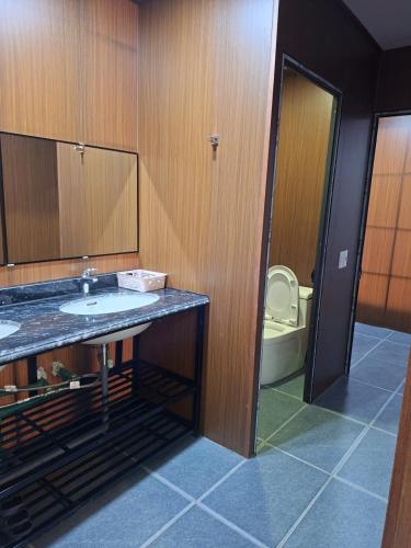 a bathroom with a sink and a toilet at Melanta Hotel - FLC Sầm Sơn in Sầm Sơn