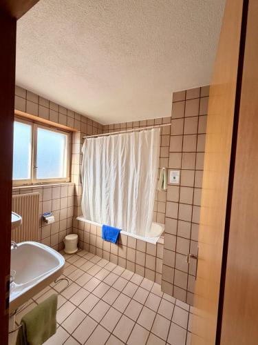 a bathroom with a tub and a toilet and a sink at Hotel Gebidem in Visperterminen
