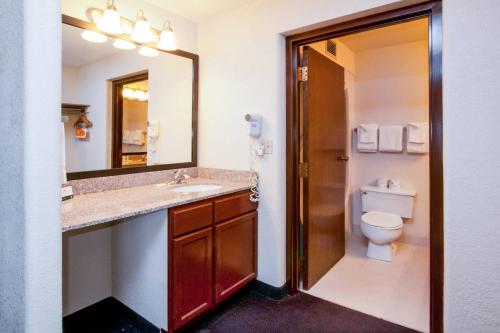 a bathroom with a sink and a toilet and a mirror at Quality Inn Stadium Area Green Bay Stadium in Green Bay