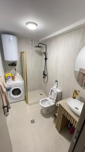 a small bathroom with a toilet and a sink at SunVillaTuzi in Tuzi