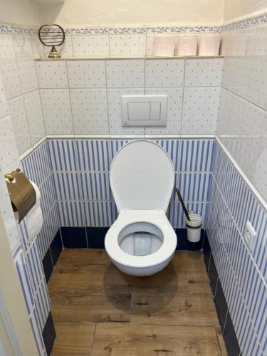 a bathroom with a toilet with blue and white tiles at Staré časy in Chotěboř