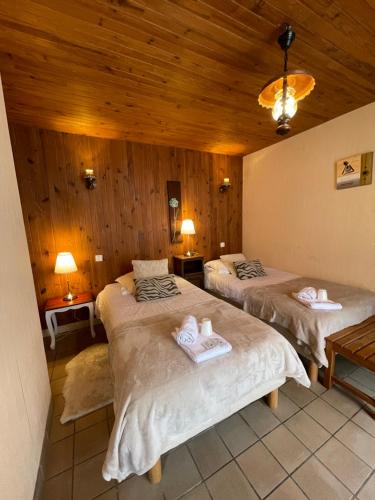 two beds in a room with wooden walls at Hôtel du Commerce in Semur-en-Auxois