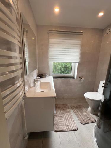 a bathroom with a sink and a toilet and a window at Melnragė Dunes Apartment in Melnragė