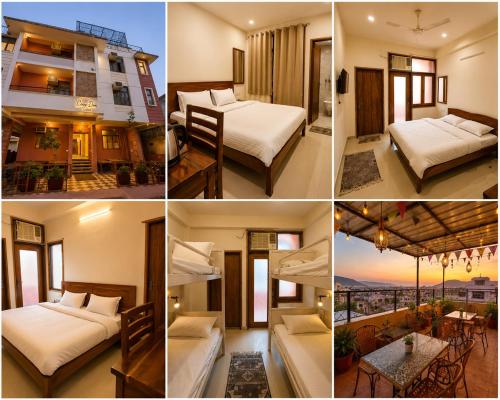 a collage of four pictures of a hotel room at Cozy Den in Jaipur