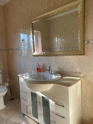 a bathroom with a sink and a mirror at Camelias in Guimarães
