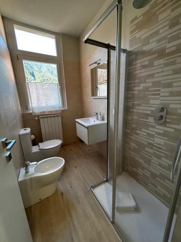 a bathroom with a shower and a toilet and a sink at Risorgimento 8 appartamento centro Santa Maria Maggiore Valle Vigezzo in Santa Maria Maggiore