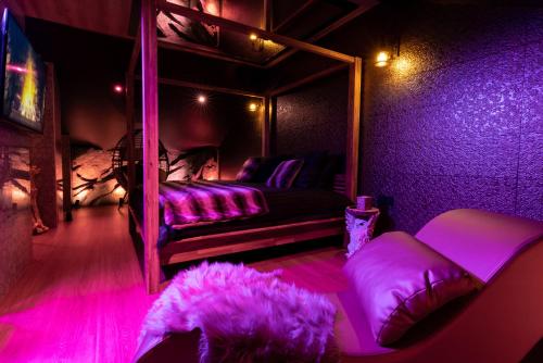 a purple room with a bed and a dog in it at Les Secrets Rooms - Verdun in Verdun-sur-Meuse
