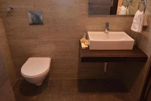 a bathroom with a white sink and a toilet at Silver Pride Boutique Hotel in Jaipur