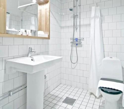 a bathroom with a shower and a sink and a toilet at Meteorologen Ski Lodge in Riksgränsen