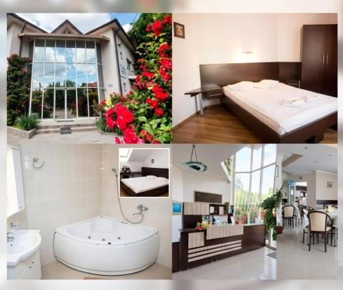 a collage of pictures of a bathroom and a bedroom at Villa Grande in Iaşi