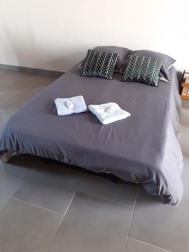 a bed with two towels and two pillows on it at Gite du Canal in Gannay-sur-Loire