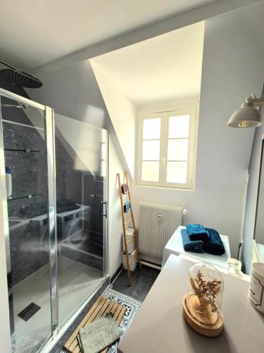 a bathroom with a shower and a table with a sink at Centre Chartres Parking privé Climatiseur in Chartres
